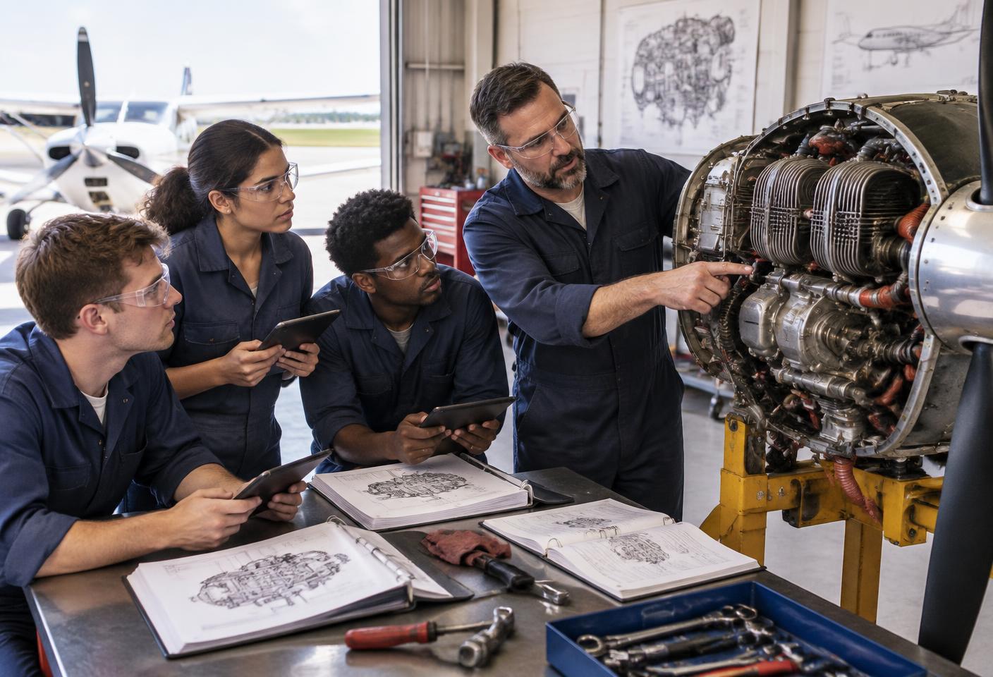 Aviation maintenance instructor teaching students beside a cutaway aircraft engine