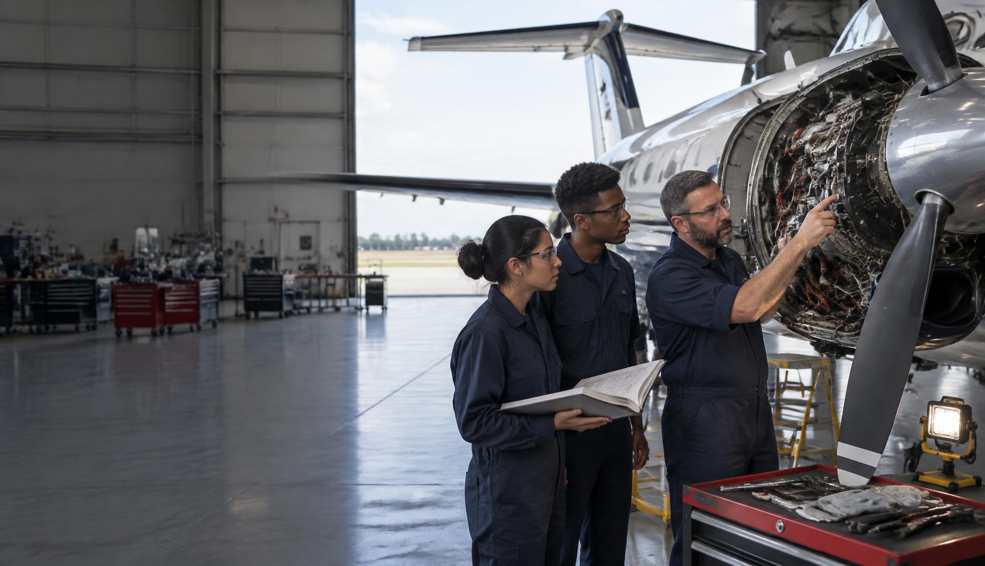 AMT instructor and students examining an aircraft engine in a maintenance hangar
